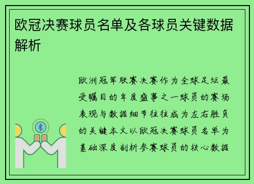 欧冠决赛球员名单及各球员关键数据解析