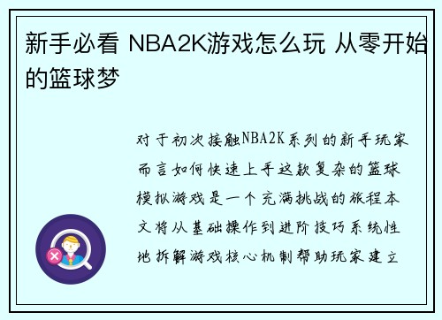 新手必看 NBA2K游戏怎么玩 从零开始的篮球梦