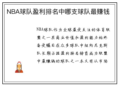 NBA球队盈利排名中哪支球队最赚钱